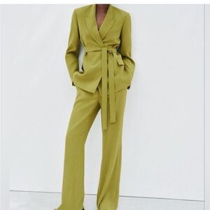 Zara Olive Green Wrap Blazer with Wide-Leg Pants